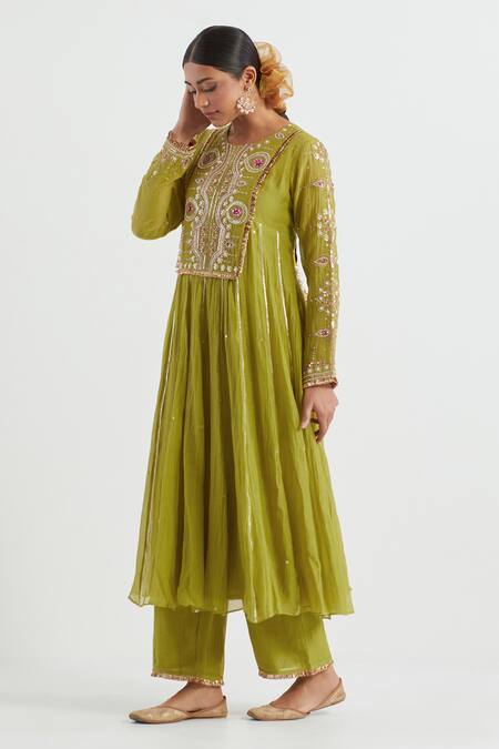 Ikshita Choudhary Green Chanderi, Cotton Embroidery, Gota Patti Round Hand Anarkali And Pant Set Online at Aza Fashions Ikshita Choudhary_Green Chanderi, Cotton Embroidery, Gota Patti Round Hand Anarkali And Pant Set _Online_at_Aza_Fashions