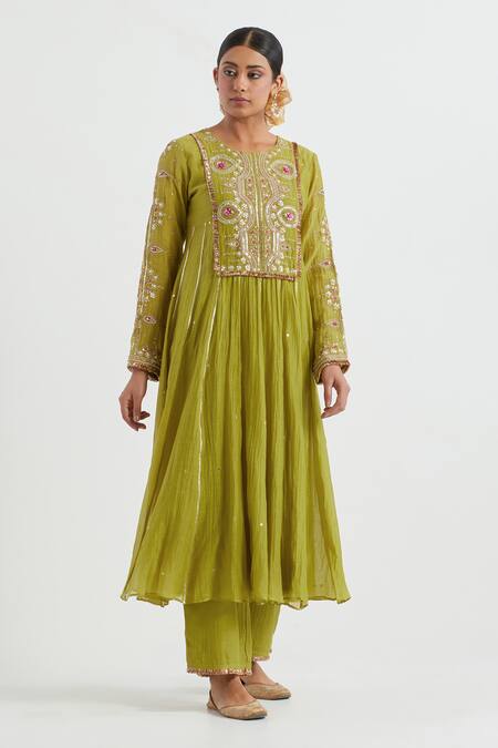 Buy Ikshita Choudhary Green Chanderi, Cotton Embroidery, Gota Patti Round Hand Anarkali And Pant Set Online at Aza Fashions Buy_Ikshita Choudhary_Green Chanderi, Cotton Embroidery, Gota Patti Round Hand Anarkali And Pant Set _Online_at_Aza_Fashions