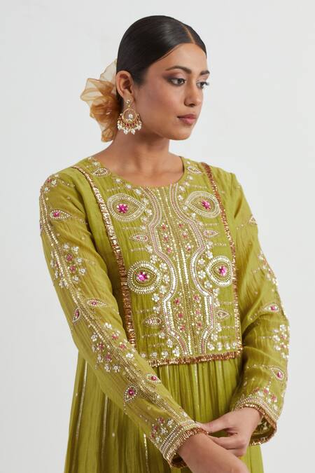 Shop Ikshita Choudhary Green Chanderi, Cotton Embroidery, Gota Patti Round Hand Anarkali And Pant Set Online at Aza Fashions Shop_Ikshita Choudhary_Green Chanderi, Cotton Embroidery, Gota Patti Round Hand Anarkali And Pant Set _Online_at_Aza_Fashions