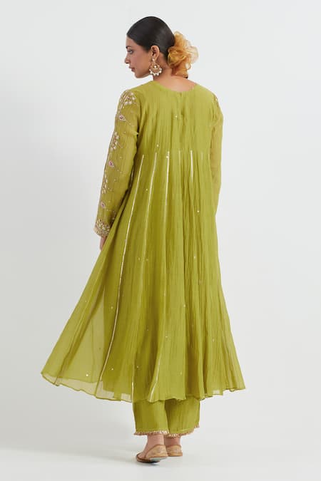 Shop Ikshita Choudhary Green Chanderi, Cotton Embroidery, Gota Patti Round Hand Anarkali And Pant Set at Aza Fashions Shop_Ikshita Choudhary_Green Chanderi, Cotton Embroidery, Gota Patti Round Hand Anarkali And Pant Set _at_Aza_Fashions