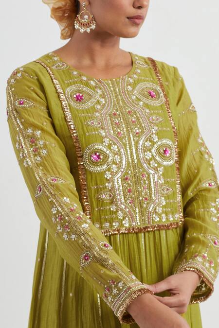 Buy Ikshita Choudhary Green Chanderi, Tissue, Muslin Embroidery, Gota Patti Hand Anarkali Pant Set Online at Aza Fashions Buy_Ikshita Choudhary_Green Chanderi, Tissue, Muslin Embroidery, Gota Patti Hand Anarkali Pant Set _Online_at_Aza_Fashions