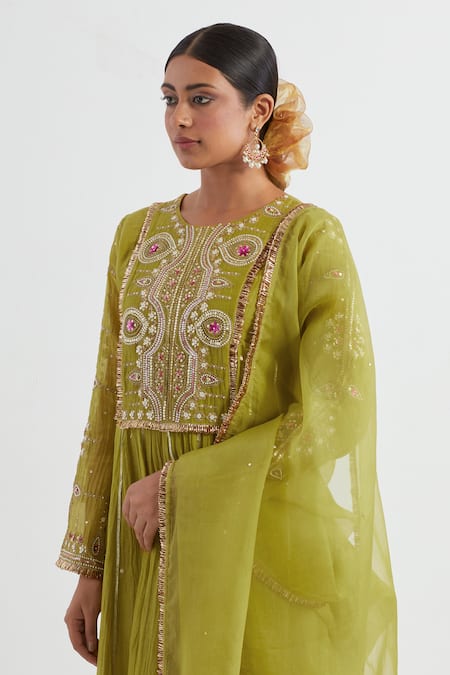Shop Ikshita Choudhary Green Chanderi, Tissue, Muslin Embroidery, Gota Patti Hand Anarkali Pant Set at Aza Fashions Shop_Ikshita Choudhary_Green Chanderi, Tissue, Muslin Embroidery, Gota Patti Hand Anarkali Pant Set _at_Aza_Fashions