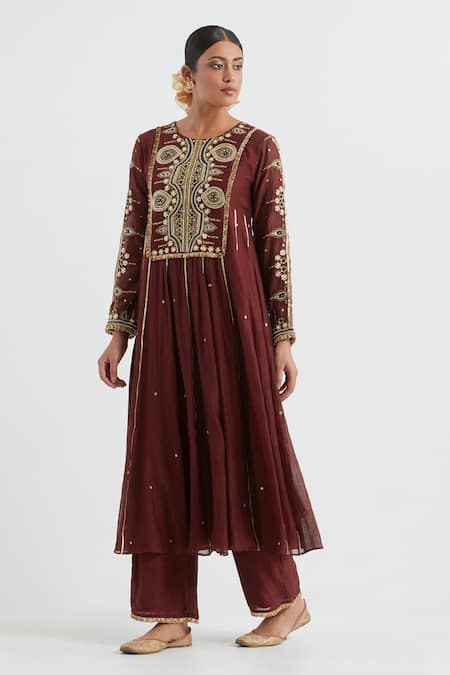 Ikshita Choudhary Maroon Chanderi, Cotton Embroidery Round Neck Hand Yoke Anarkali And Pant Set Online at Aza Fashions Ikshita Choudhary_Maroon Chanderi, Cotton Embroidery Round Neck Hand Yoke Anarkali And Pant Set _Online_at_Aza_Fashions
