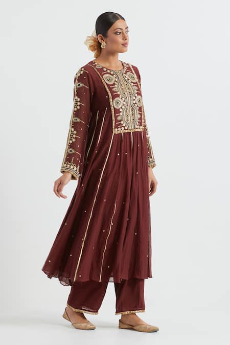 Buy Ikshita Choudhary Maroon Chanderi, Cotton Embroidery Round Neck Hand Yoke Anarkali And Pant Set Online at Aza Fashions Buy_Ikshita Choudhary_Maroon Chanderi, Cotton Embroidery Round Neck Hand Yoke Anarkali And Pant Set _Online_at_Aza_Fashions