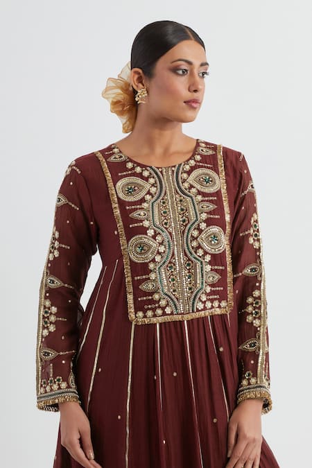 Shop Ikshita Choudhary Maroon Chanderi, Cotton Embroidery Round Neck Hand Yoke Anarkali And Pant Set Online at Aza Fashions Shop_Ikshita Choudhary_Maroon Chanderi, Cotton Embroidery Round Neck Hand Yoke Anarkali And Pant Set _Online_at_Aza_Fashions