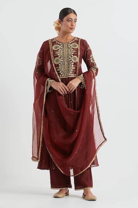 Ikshita Choudhary Maroon Kurta And Pant Light Chanderi Hand Embroidered Gota Yoke Anarkali Set 