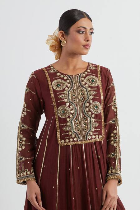 Ikshita Choudhary Maroon Chanderi, Tissue, Cotton Embroidery Round Hand Yoke Anarkali Pant Set Online at Aza Fashions Ikshita Choudhary_Maroon Chanderi, Tissue, Cotton Embroidery Round Hand Yoke Anarkali Pant Set _Online_at_Aza_Fashions