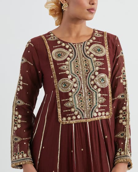 Buy Ikshita Choudhary Maroon Chanderi, Tissue, Cotton Embroidery Round Hand Yoke Anarkali Pant Set Online at Aza Fashions Buy_Ikshita Choudhary_Maroon Chanderi, Tissue, Cotton Embroidery Round Hand Yoke Anarkali Pant Set _Online_at_Aza_Fashions
