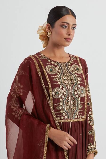 Shop Ikshita Choudhary Maroon Chanderi, Tissue, Cotton Embroidery Round Hand Yoke Anarkali Pant Set Online at Aza Fashions Shop_Ikshita Choudhary_Maroon Chanderi, Tissue, Cotton Embroidery Round Hand Yoke Anarkali Pant Set _Online_at_Aza_Fashions