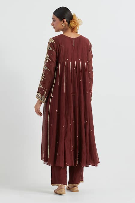 Shop Ikshita Choudhary Maroon Chanderi, Tissue, Cotton Embroidery Round Hand Yoke Anarkali Pant Set at Aza Fashions Shop_Ikshita Choudhary_Maroon Chanderi, Tissue, Cotton Embroidery Round Hand Yoke Anarkali Pant Set _at_Aza_Fashions