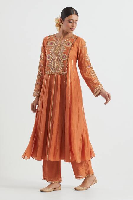 Ikshita Choudhary_Orange Chanderi, Linen Embroidery Round Neck Hand Yoke Anarkali With Pant _Online_at_Aza_Fashions