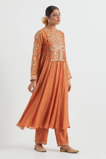 Buy_Ikshita Choudhary_Orange Chanderi, Linen Embroidery Round Neck Hand Yoke Anarkali With Pant _Online_at_Aza_Fashions