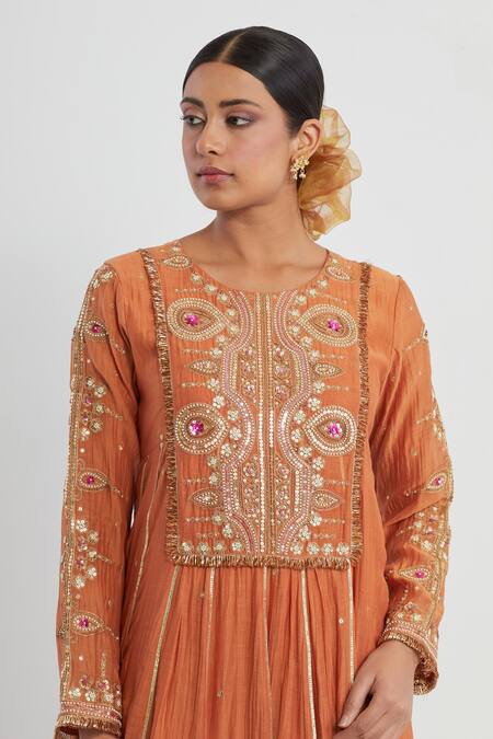 Shop_Ikshita Choudhary_Orange Chanderi, Linen Embroidery Round Neck Hand Yoke Anarkali With Pant _Online_at_Aza_Fashions
