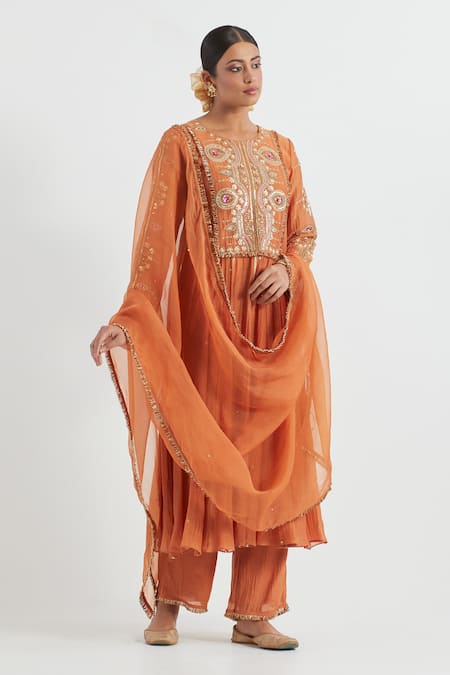 Ikshita Choudhary Orange Kurta And Pant Light Chanderi Hand Embroidered Gota Yoke Anarkali Set 