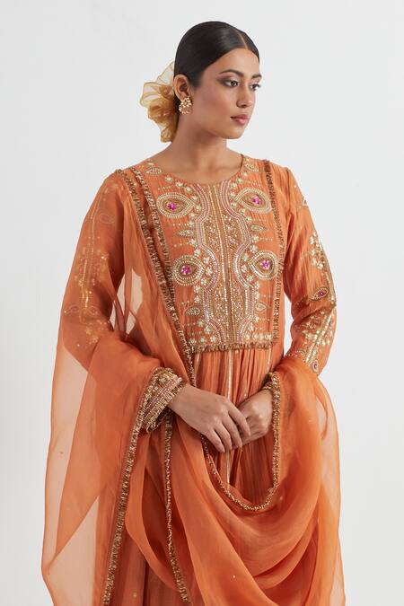 Buy Ikshita Choudhary Orange Chanderi, Tissue, Muslin Embroidery Round Neck Hand Yoke Anarkali Set Online at Aza Fashions Buy_Ikshita Choudhary_Orange Chanderi, Tissue, Muslin Embroidery Round Neck Hand Yoke Anarkali Set _Online_at_Aza_Fashions