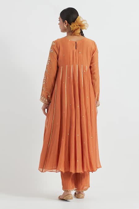 Shop Ikshita Choudhary Orange Chanderi, Tissue, Muslin Embroidery Round Neck Hand Yoke Anarkali Set at Aza Fashions Shop_Ikshita Choudhary_Orange Chanderi, Tissue, Muslin Embroidery Round Neck Hand Yoke Anarkali Set _at_Aza_Fashions
