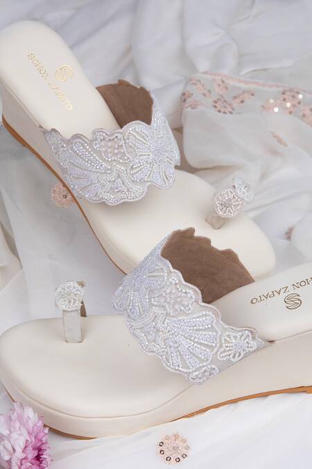 SCHON ZAPATO_White Embroidered Whisper Bead Wedges _Online_at_Aza_Fashions