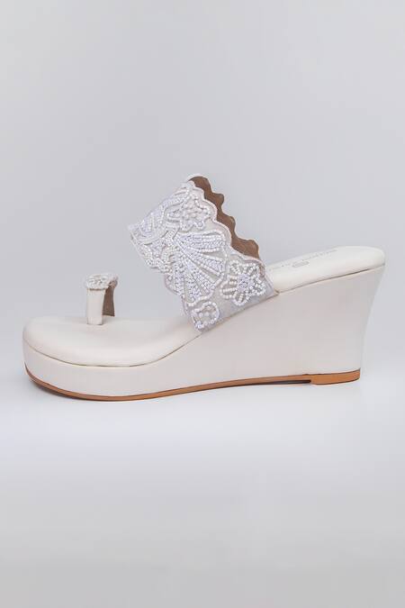 Shop_SCHON ZAPATO_White Embroidered Whisper Bead Wedges _Online_at_Aza_Fashions