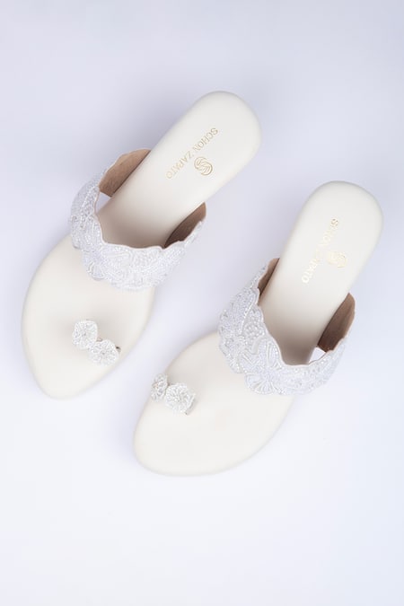 SCHON ZAPATO_White Embroidered Whisper Bead Wedges _at_Aza_Fashions
