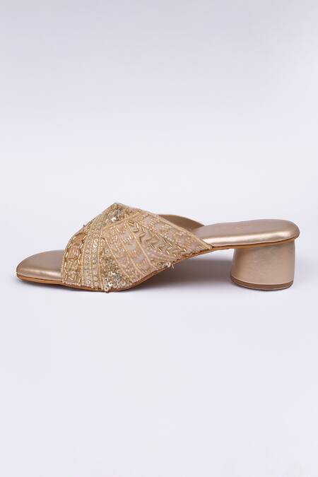 Buy_SCHON ZAPATO_Gold Embellished Zari Sequin Bead Embroidered Heels _Online_at_Aza_Fashions