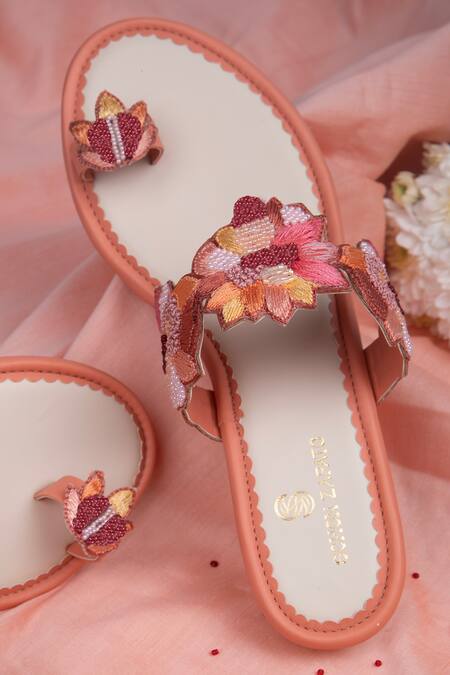 SCHON ZAPATO_Pink Embroidered Floral Charm Kolhapuri Heels _Online_at_Aza_Fashions