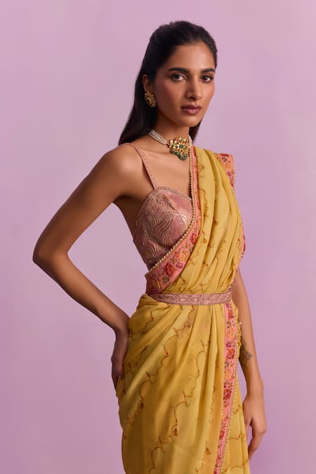 Kalista_Yellow Viscose, Silk, Inaya Jashn Bahar Print Pre Draped Saree With Blouse _Online_at_Aza_Fashions