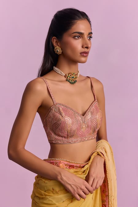 Buy_Kalista_Yellow Viscose, Silk, Inaya Jashn Bahar Print Pre Draped Saree With Blouse _Online_at_Aza_Fashions