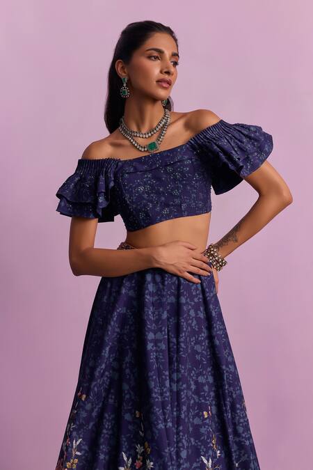 Kalista Blue Viscose, Silk Amelia Gardenia Print And Embellished Lehenga With Blouse Online at Aza Fashions Kalista_Blue Viscose, Silk Amelia Gardenia Print And Embellished Lehenga With Blouse _Online_at_Aza_Fashions