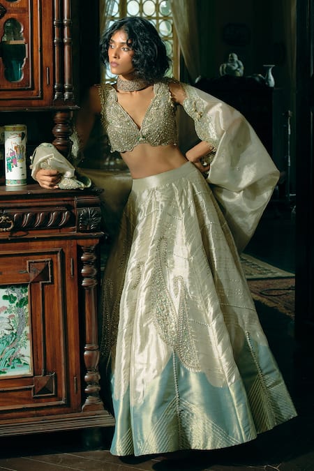 Aditi Gupta_Gold Organza, Jacquard, Pearls V-neck Embroidered Lehenga Set _Online_at_Aza_Fashions