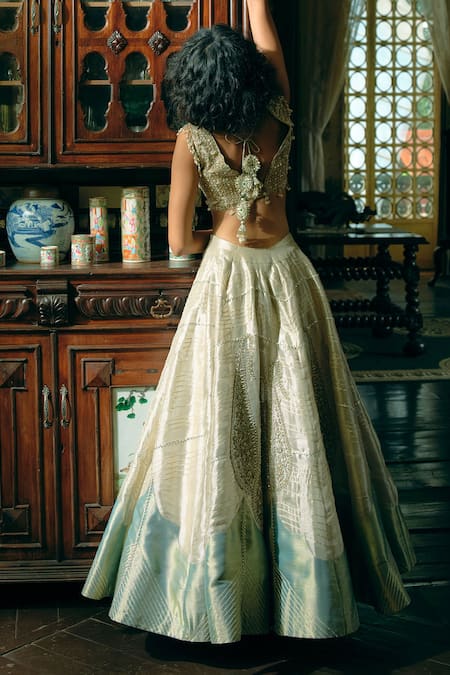 Shop_Aditi Gupta_Gold Organza, Jacquard, Pearls V-neck Embroidered Lehenga Set _at_Aza_Fashions