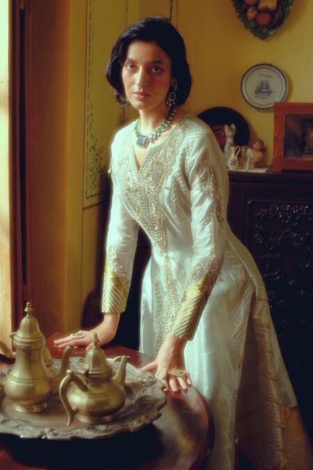 Aditi Gupta_Gold Silk Organza, Jacquard Embroidery V-neck Pearl Anarkali _Online_at_Aza_Fashions