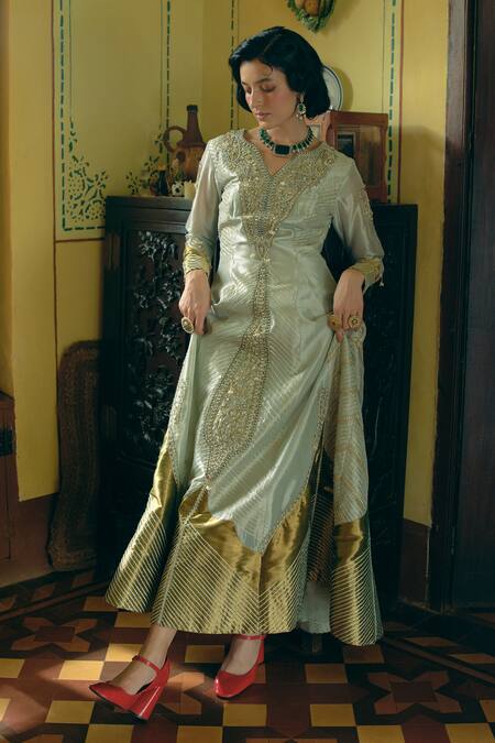 Shop_Aditi Gupta_Gold Silk Organza, Jacquard Embroidery V-neck Pearl Anarkali _Online_at_Aza_Fashions