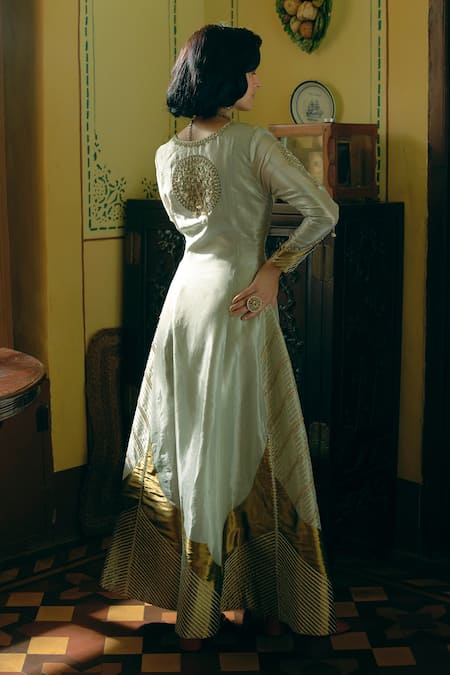 Shop_Aditi Gupta_Gold Silk Organza, Jacquard Embroidery V-neck Pearl Anarkali _at_Aza_Fashions