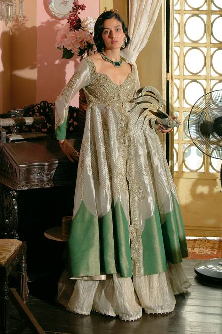 Buy_Aditi Gupta_Gold Silk Organza, Jacquard Pearls, Embroidery Round Neck Jacket With Skirt _Online_at_Aza_Fashions