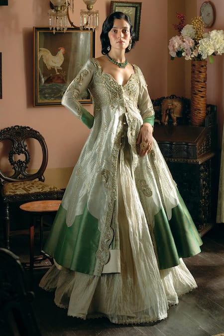 Shop_Aditi Gupta_Gold Silk Organza, Jacquard Pearls, Embroidery Round Neck Jacket With Skirt _Online_at_Aza_Fashions