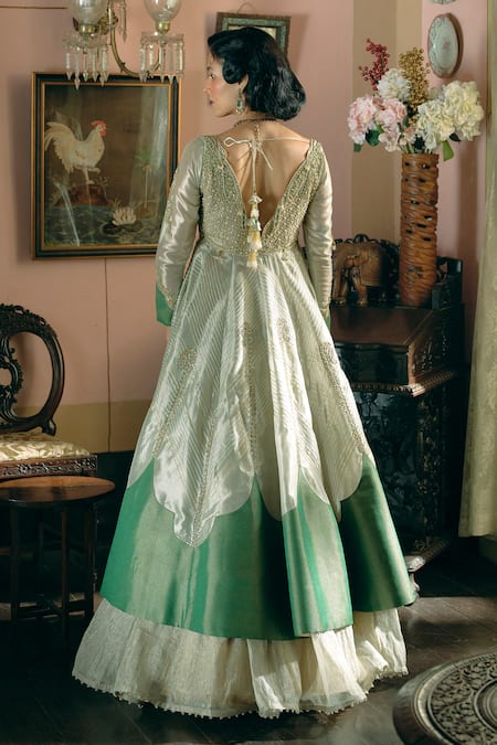 Aditi Gupta_Gold Silk Organza, Jacquard Pearls, Embroidery Round Neck Jacket With Skirt _Online_at_Aza_Fashions