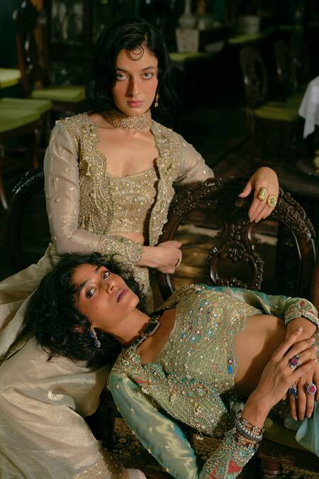 Aditi Gupta_Gold Satin, Jacquard, Pearls, Draped Skirt Set With Crop Jacket _Online_at_Aza_Fashions