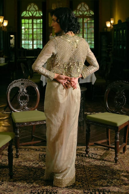 Shop_Aditi Gupta_Gold Satin, Jacquard, Pearls, Draped Skirt Set With Crop Jacket _at_Aza_Fashions