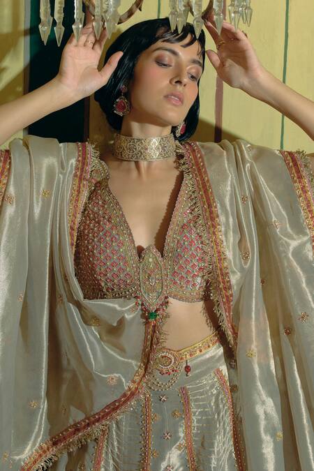 Shop Aditi Gupta Gold , Jacquard, Organza Pearls, Floral Lehenga Set With Belt Online at Aza Fashions Shop_Aditi Gupta_Gold , Jacquard, Organza Pearls, Floral Lehenga Set With Belt _Online_at_Aza_Fashions