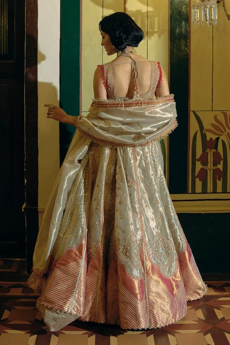 Shop Aditi Gupta Gold , Jacquard, Organza Pearls, Floral Lehenga Set With Belt at Aza Fashions Shop_Aditi Gupta_Gold , Jacquard, Organza Pearls, Floral Lehenga Set With Belt _at_Aza_Fashions