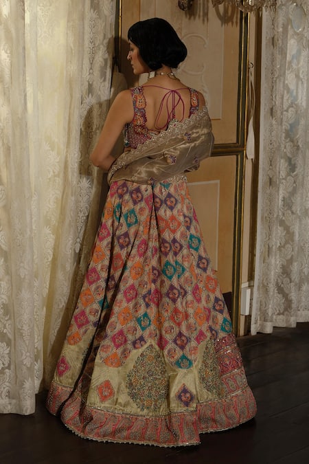 Shop_Aditi Gupta_Ivory Silk Organza Pearls, Embroidery Round Neck Floral Lehenga Set _at_Aza_Fashions