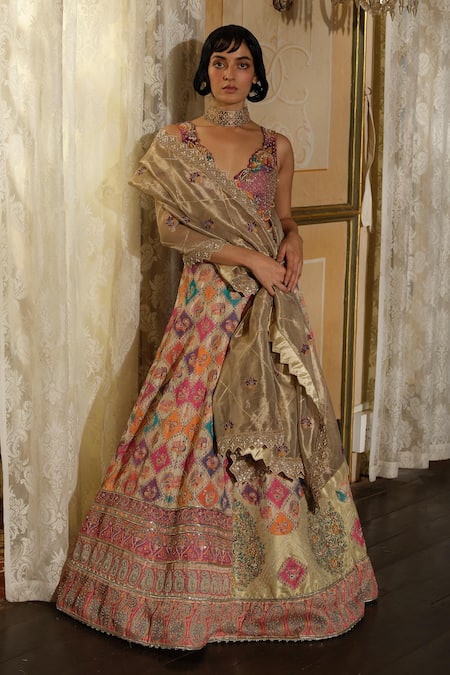 Buy_Aditi Gupta_Ivory Silk Organza Pearls, Embroidery Round Neck Floral Lehenga Set _Online_at_Aza_Fashions