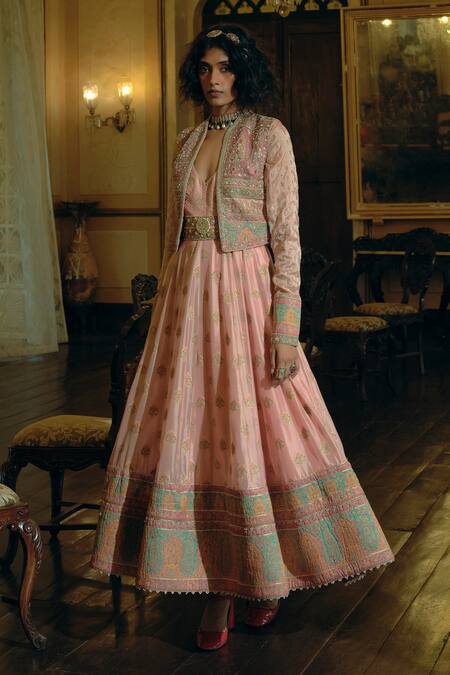 Aditi Gupta_Pink Jacquard Pearls, Sequins, Zari V-neck, Embroidered Anarkali Set With Belt _Online_at_Aza_Fashions