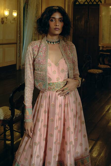 Buy_Aditi Gupta_Pink Jacquard Pearls, Sequins, Zari V-neck, Embroidered Anarkali Set With Belt _Online_at_Aza_Fashions