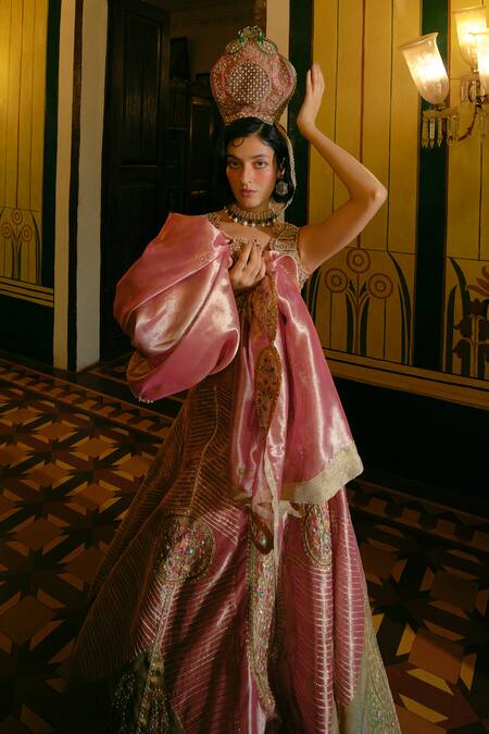 Aditi Gupta_Pink Organza, Jacquard, Pearls, Sequins Embroidered Lehenga Blouse Set _Online_at_Aza_Fashions