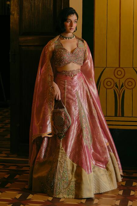 Buy_Aditi Gupta_Pink Organza, Jacquard, Pearls, Sequins Embroidered Lehenga Blouse Set _Online_at_Aza_Fashions