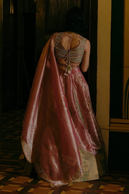 Shop_Aditi Gupta_Pink Organza, Jacquard, Pearls, Sequins Embroidered Lehenga Blouse Set _at_Aza_Fashions