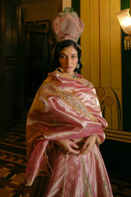 Shop_Aditi Gupta_Pink Organza, Jacquard, Pearls, Sequins Embroidered Lehenga Blouse Set _Online_at_Aza_Fashions