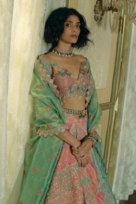 Aditi Gupta_Pink Silk Satin, Silk, Jacquard, Cotton Sequins, Zardosi Anarkali Set With Belt_Online_at_Aza_Fashions