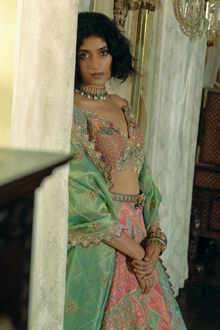 Buy_Aditi Gupta_Pink Silk Satin, Silk, Jacquard, Cotton Sequins, Zardosi Anarkali Set With Belt_Online_at_Aza_Fashions